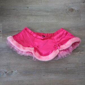 Y2K Pink Satin Rhinestone Fur Micro Mini Skirt
